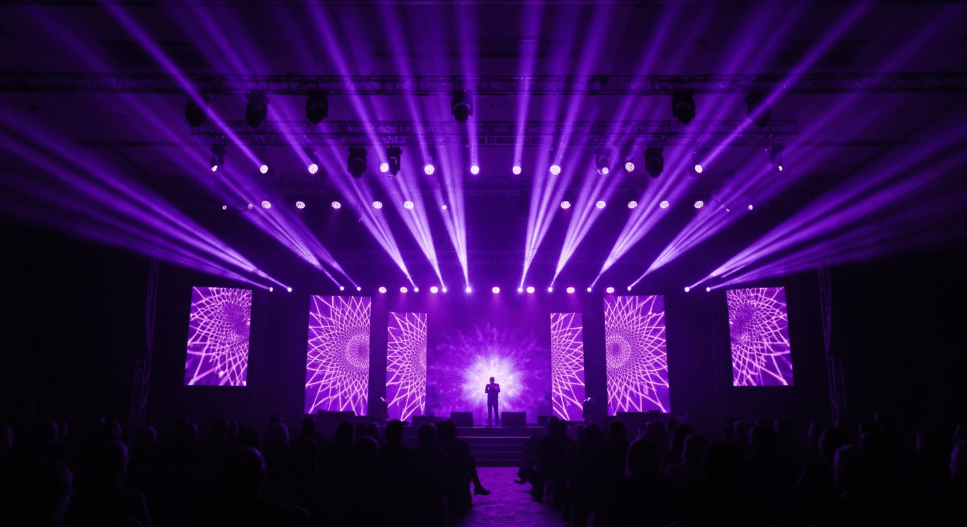 Creative production studio with purple and pink lighting